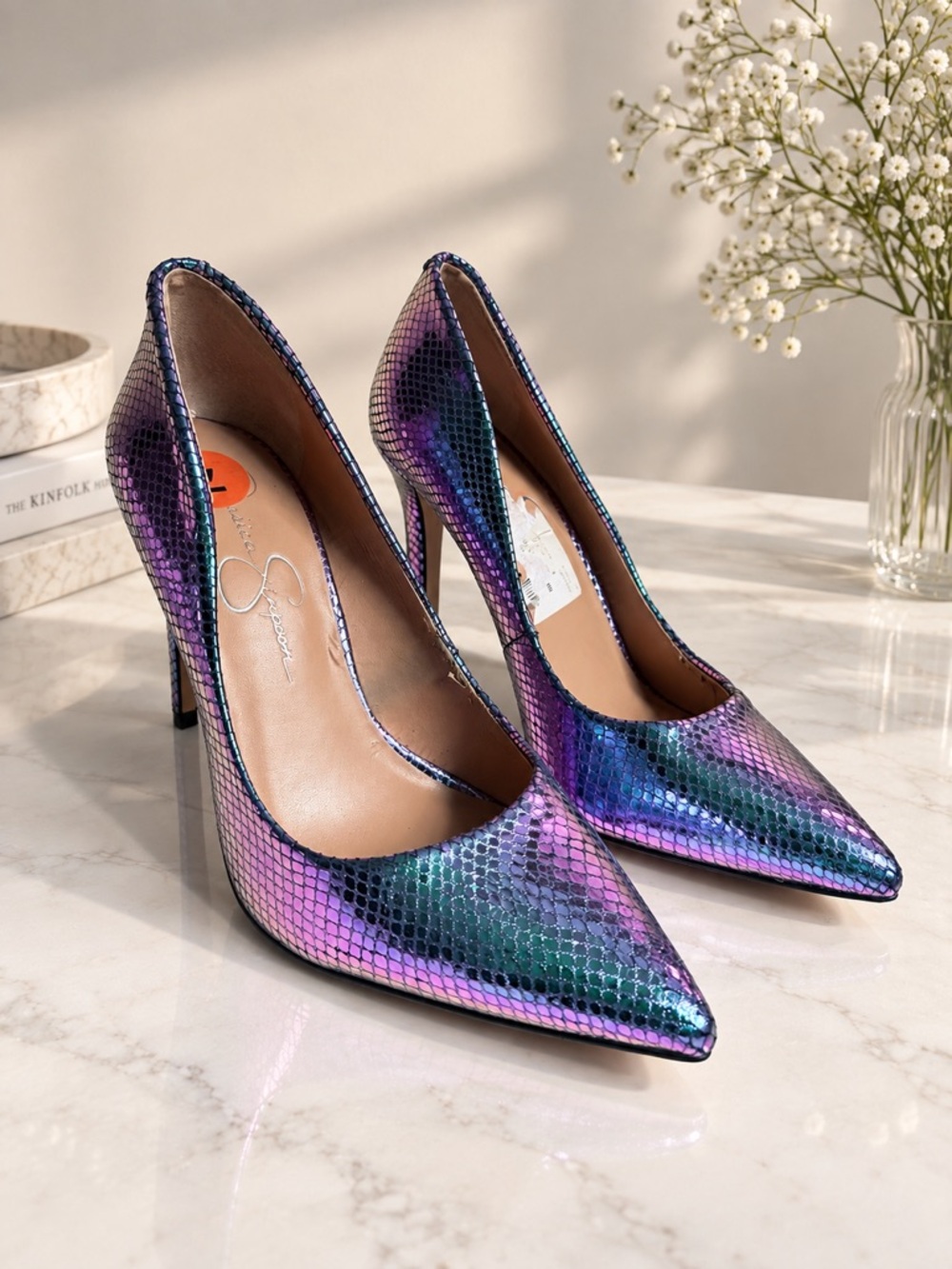Jessica Simpson Iridescent Purple Green Snake Textured Pointed Toe High Heels 7